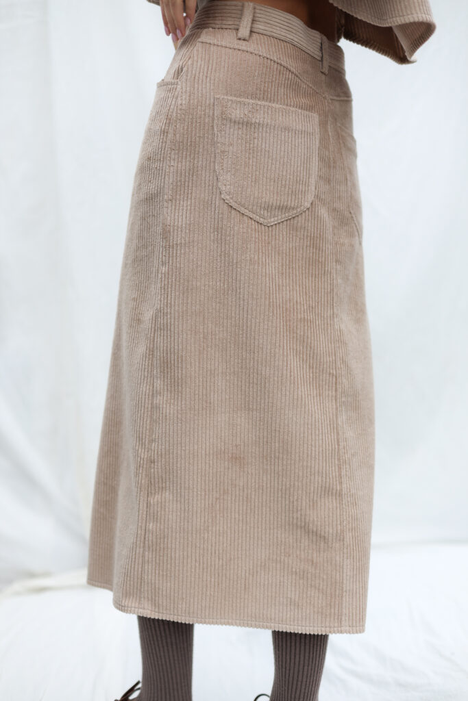 Retro Cut Wide Wale Cord Pencil Skirt in Warm Sand - Image 4