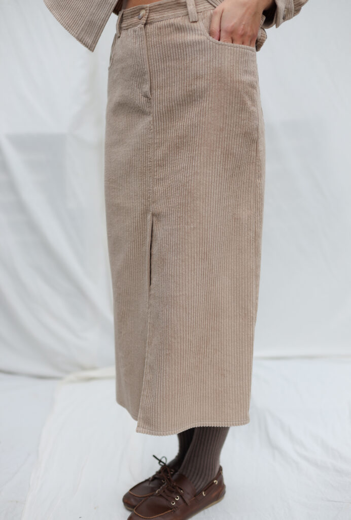 Retro Cut Wide Wale Cord Pencil Skirt in Warm Sand - Image 5