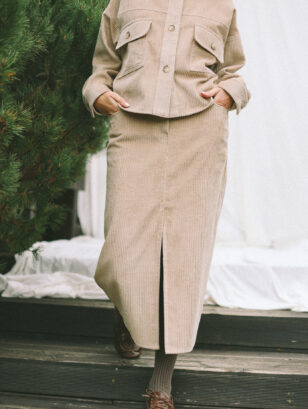 Retro Cut Wide Wale Cord Pencil Skirt in Warm Sand | Skirt | Sustainable clothing | OffOn clothing