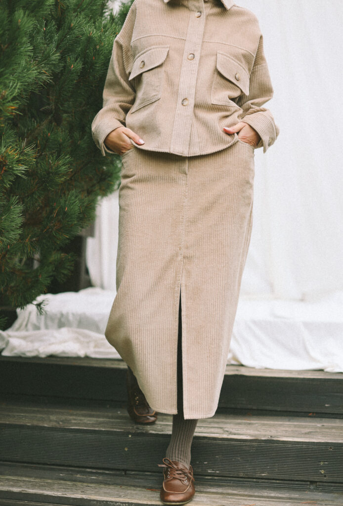 Retro Cut Wide Wale Cord Pencil Skirt in Warm Sand | Skirt | Sustainable clothing | OffOn clothing