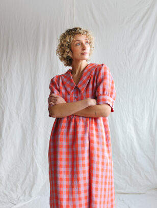 Checkered linen loose sailor collar dress AVRIL | Dress | Sustainable clothing | OffOn clothing