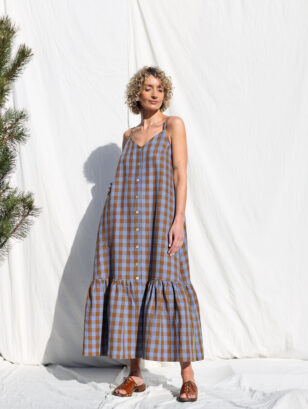 Sleveless Checks Linen Dress With Ruffled Hem | Dress | Sustainable clothing | OffOn clothing