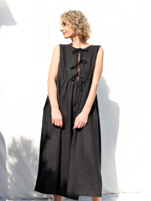 Sleeveless linen dress with ties and ruffled skirt GEMMA | Dress | Sustainable clothing | OffOn clothing