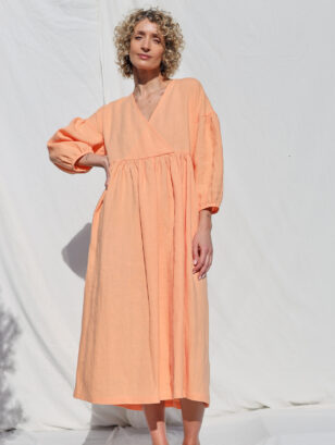 Linen loose fit V-neck dress with puffy sleeve | Dress | Sustainable clothing | OffOn clothing