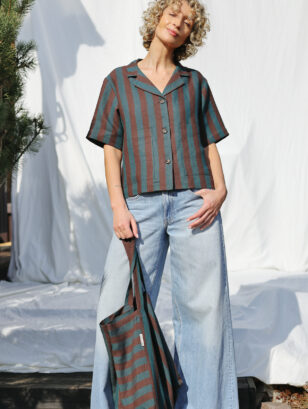Revere Collar Short Sleeve Linen Shirt ESTEE in Stripes | Top | Sustainable clothing | OffOn clothing