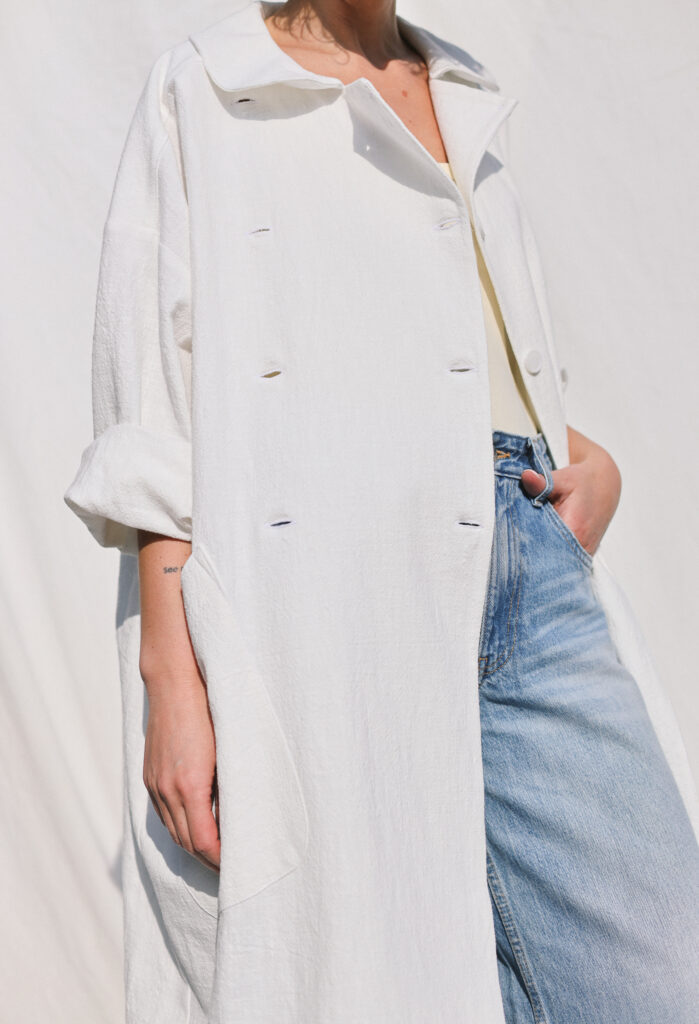 Off-white Oversized Peter Pan Collar Heavy Linen Coat - Image 1