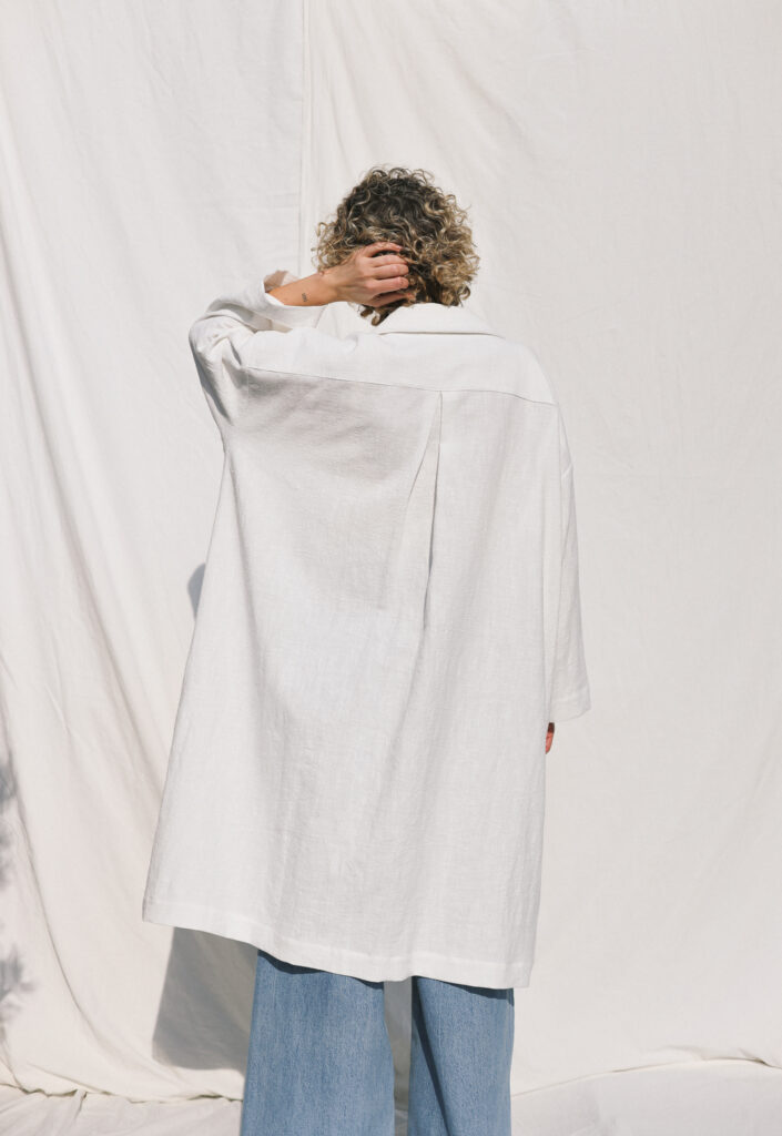 Off-white Oversized Peter Pan Collar Heavy Linen Coat - Image 4