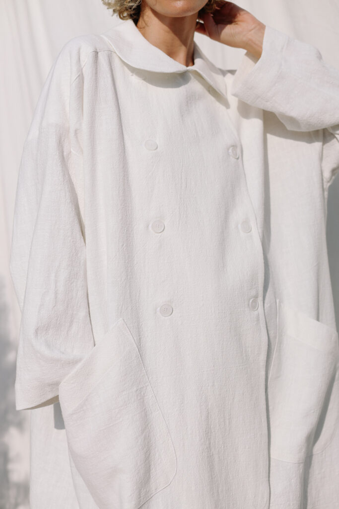 Off-white Oversized Peter Pan Collar Heavy Linen Coat - Image 2