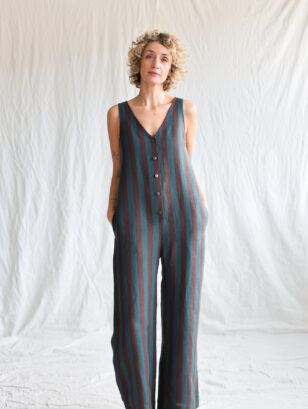 Linen sleeveless wide leg jumpsuit in turquoise stripes | Jumpsuit | Sustainable clothing | OffOn clothing