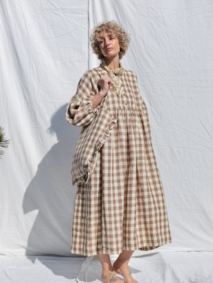 Oversized drop shoulder checks linen dress GRETA | Dress | Sustainable clothing | OffOn clothing