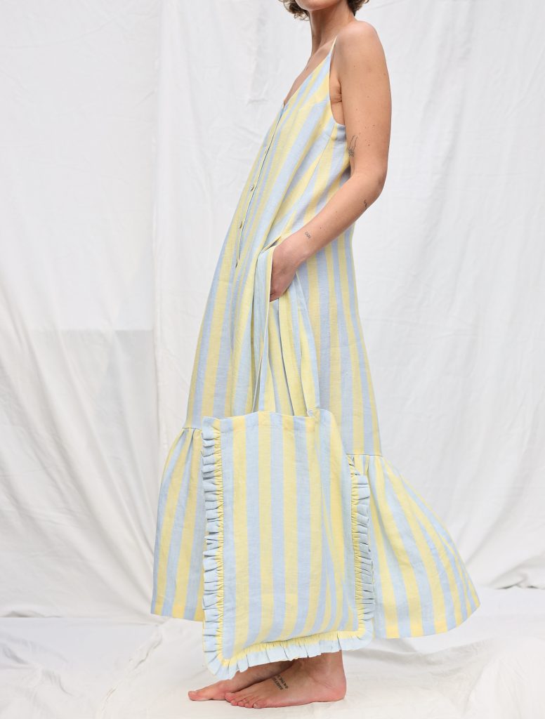 Sleeveless Striped Linen Dress with Ruffled Hem