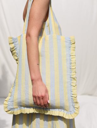 Striped Linen Tote Bag with Ruffles | Bags | Sustainable clothing | OffOn clothing