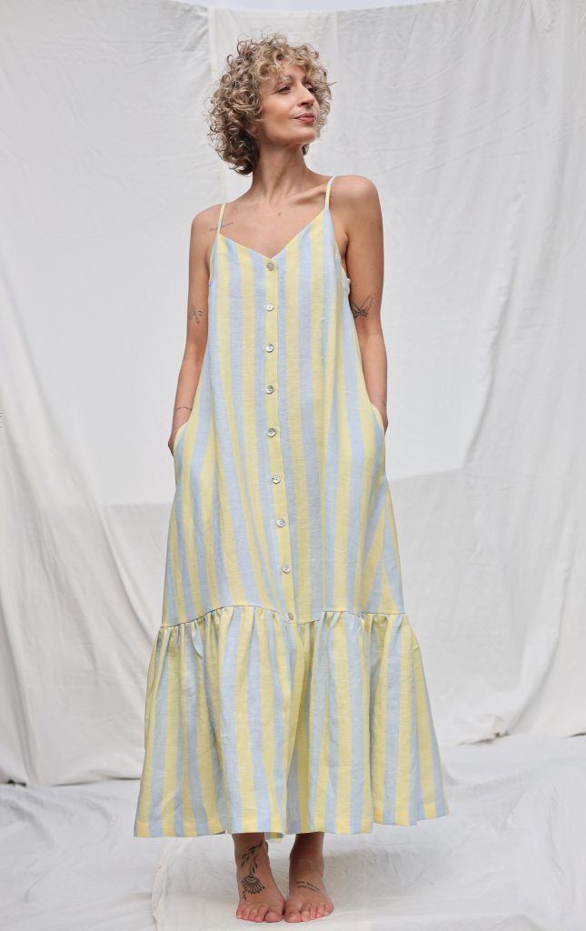 Sleeveless Striped Linen Dress with Ruffled Hem