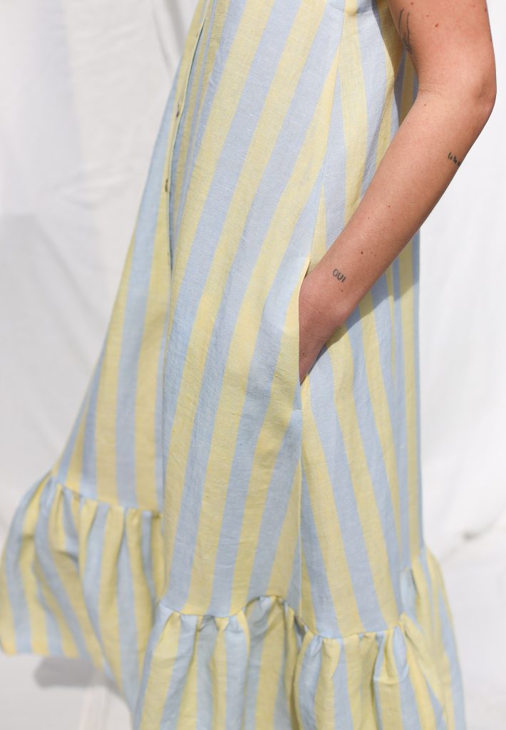 Sleeveless Striped Linen Dress with Ruffled Hem