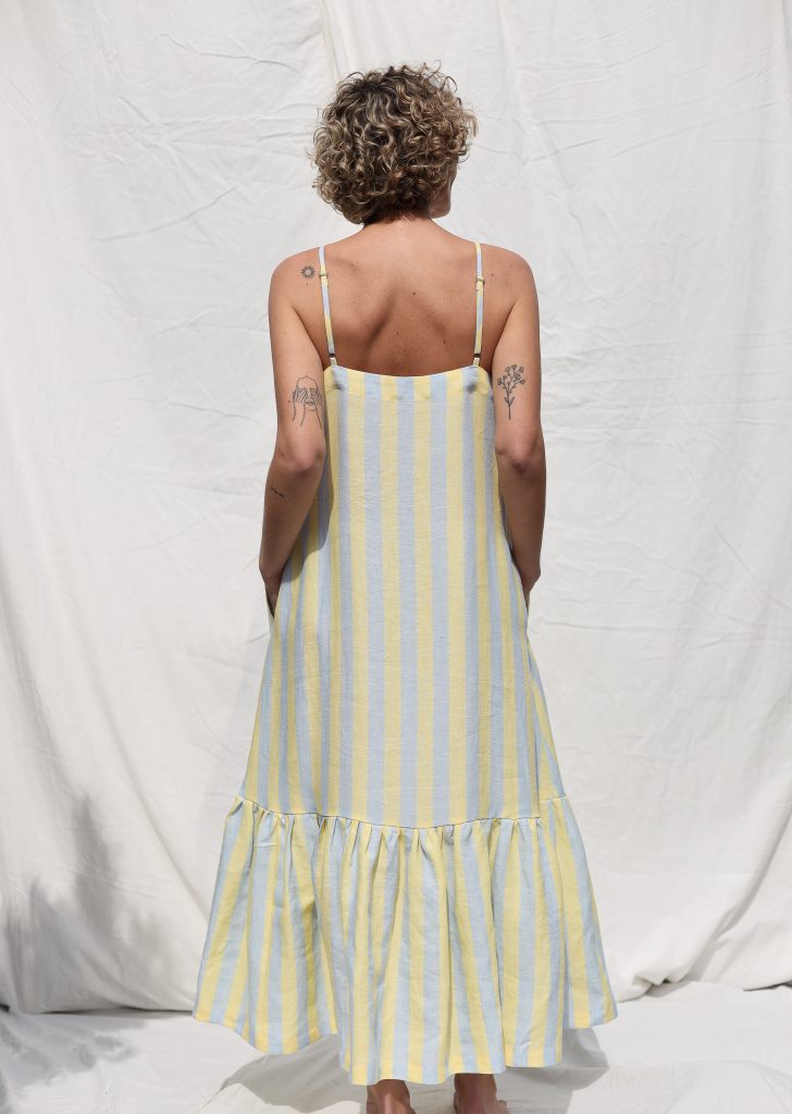 Sleeveless Striped Linen Dress with Ruffled Hem
