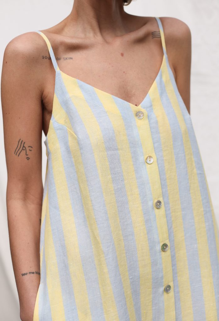 Sleeveless Striped Linen Dress with Ruffled Hem
