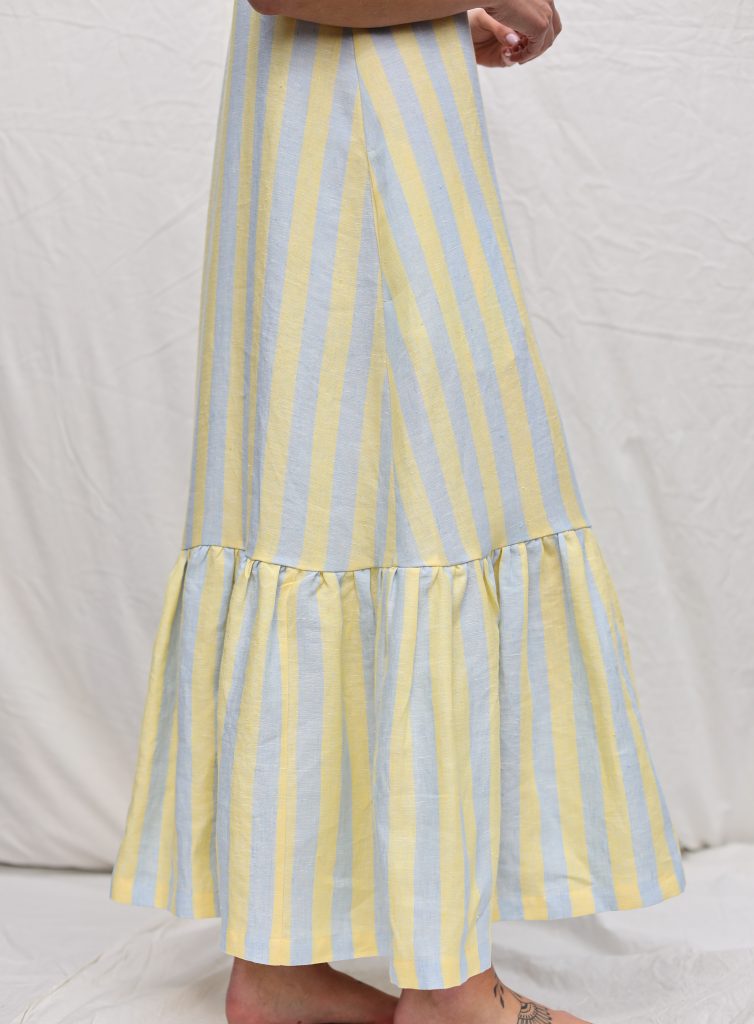 Sleeveless Striped Linen Dress with Ruffled Hem