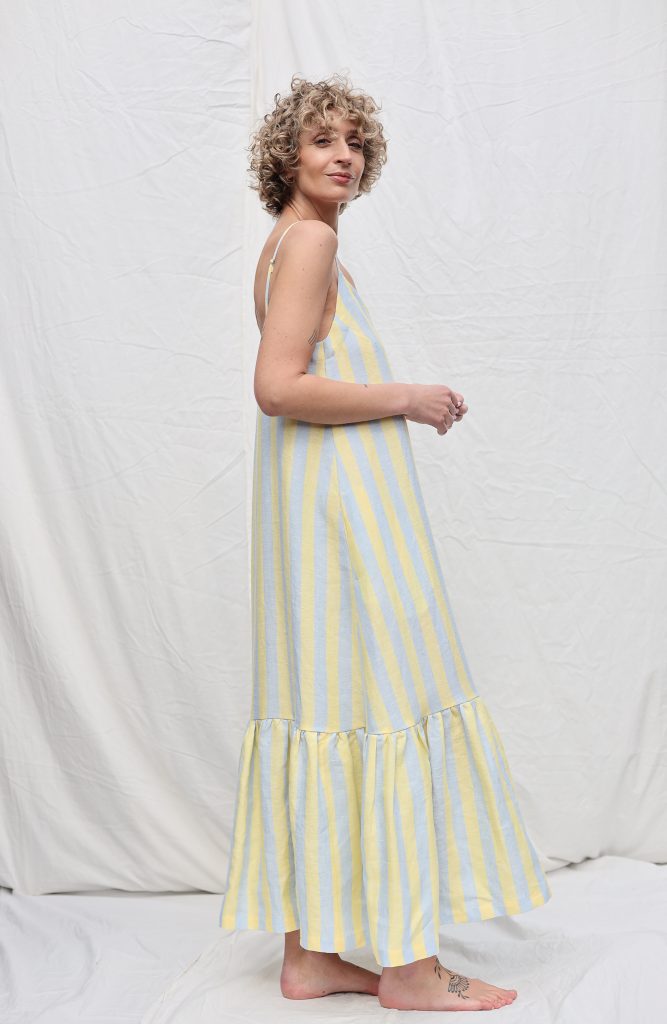 Sleeveless Striped Linen Dress with Ruffled Hem