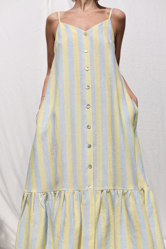 Sleeveless Striped Linen Dress with Ruffled Hem