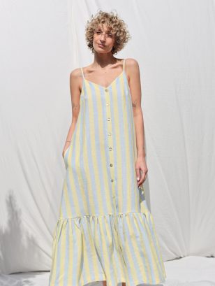 Sleeveless Striped Linen Dress with Ruffled Hem | Dress | Sustainable clothing | OffOn clothing