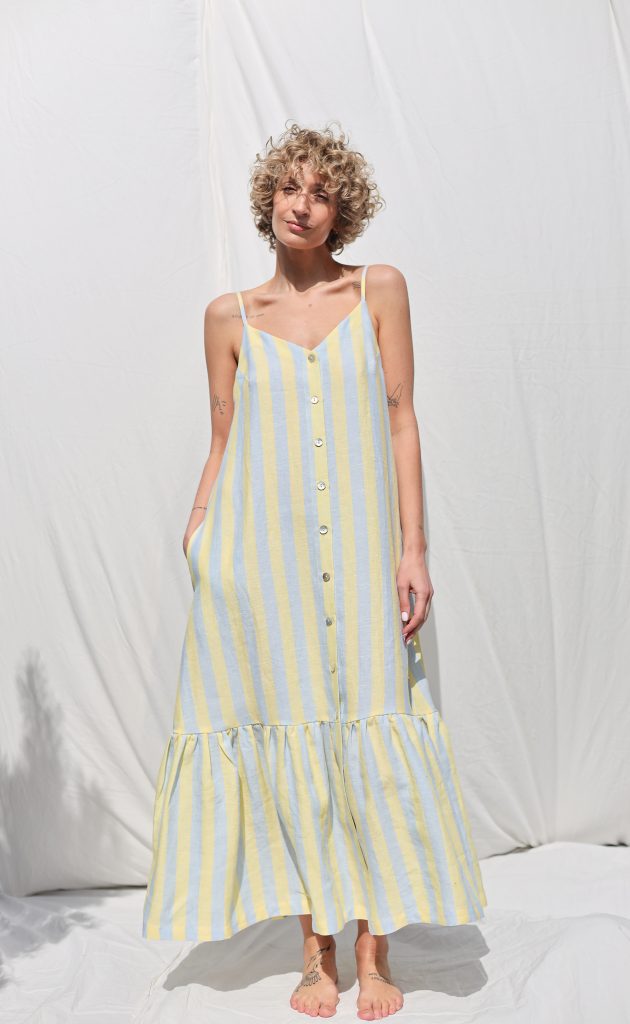 Sleeveless Striped Linen Dress with Ruffled Hem | Dress | Sustainable clothing | OffOn clothing