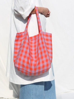 Pink Checks Linen Tote Bag | Accessories | Sustainable clothing | OffOn clothing