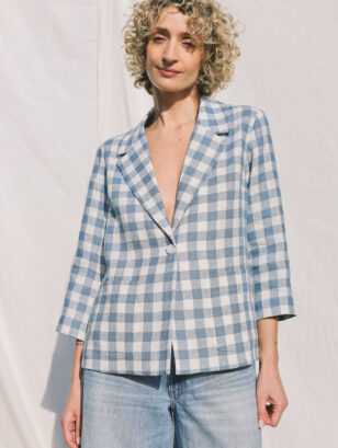 Light Blue Checks Linen Blazer with 3/4 Sleeves | Jackets | Sustainable clothing | OffOn clothing