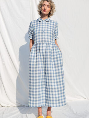 Linen button through dress MAY in light blue checks | Dress | Sustainable clothing | OffOn clothing