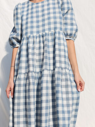 Tiered Linen Puff Sleeves Dress JULIE in Light Blue Checks | Dress | Sustainable clothing | OffOn clothing