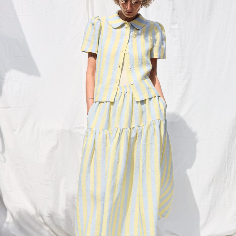 Striped linen ruffled skirt with elastic waist