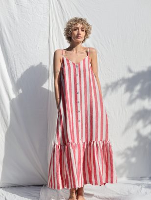 Striped Linen Sleeveless Maxi Dress with Ruffled Hem | Dress | Sustainable clothing | OffOn clothing