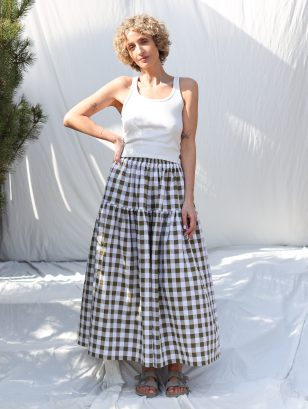 Seersucker Checks Maxi Skirt with Elastic Waist | Skirt | Sustainable clothing | OffOn clothing