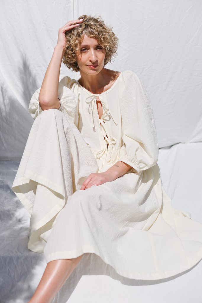 Reversible seersucker cotton dress FELDA with ties