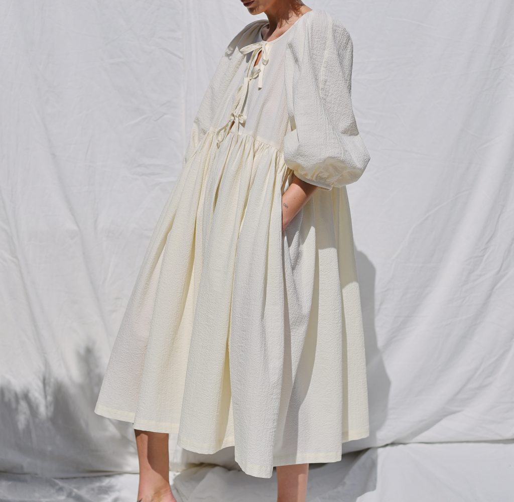 Reversible seersucker cotton dress FELDA with ties