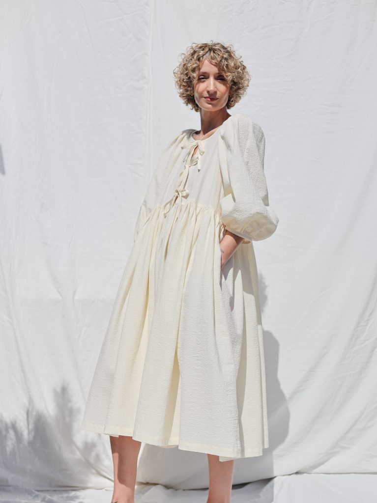 Reversible seersucker cotton dress FELDA with ties