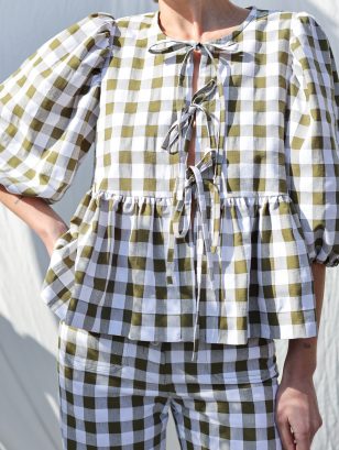 Seersucker checks puffy sleeves blouse with ties SUNNY | Top | Sustainable clothing | OffOn clothing