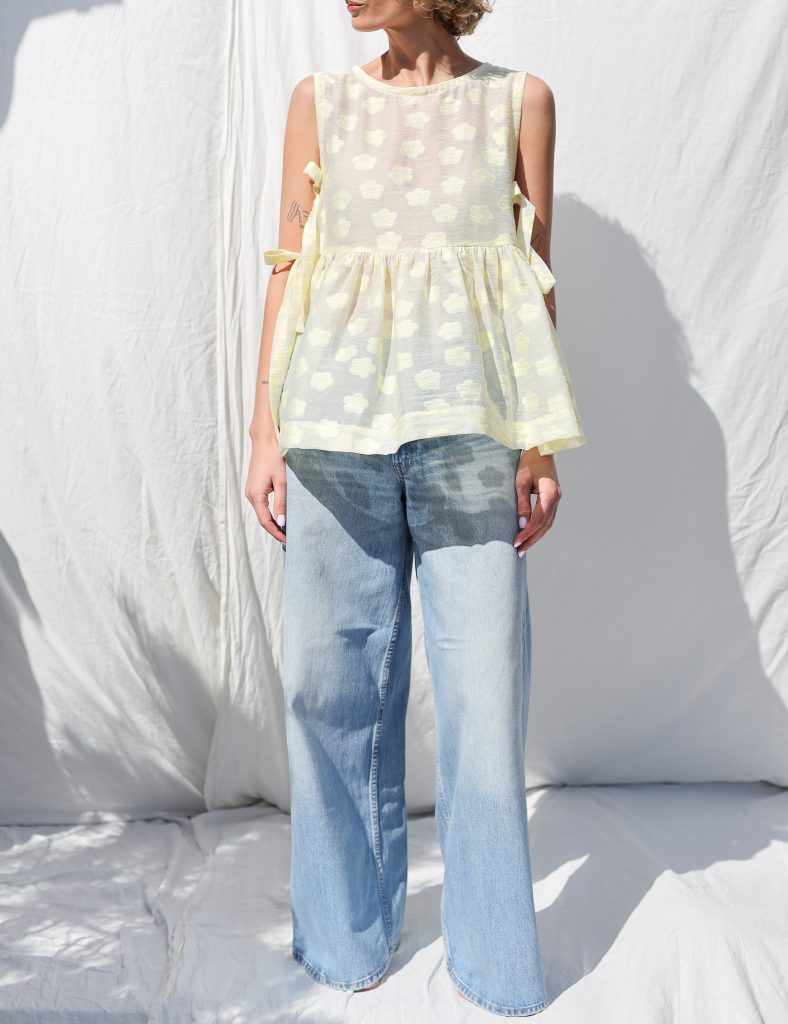Floral Organza Top with Ribbon Ties