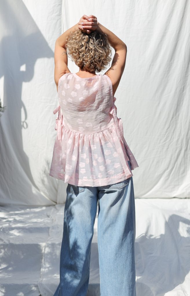 Pink Floral Organza Top with Ribbon Ties