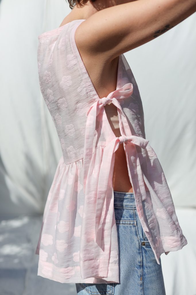 Pink Floral Organza Top with Ribbon Ties