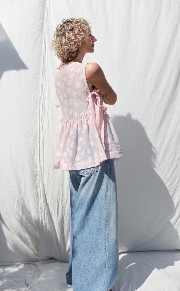 Pink Floral Organza Top with Ribbon Ties