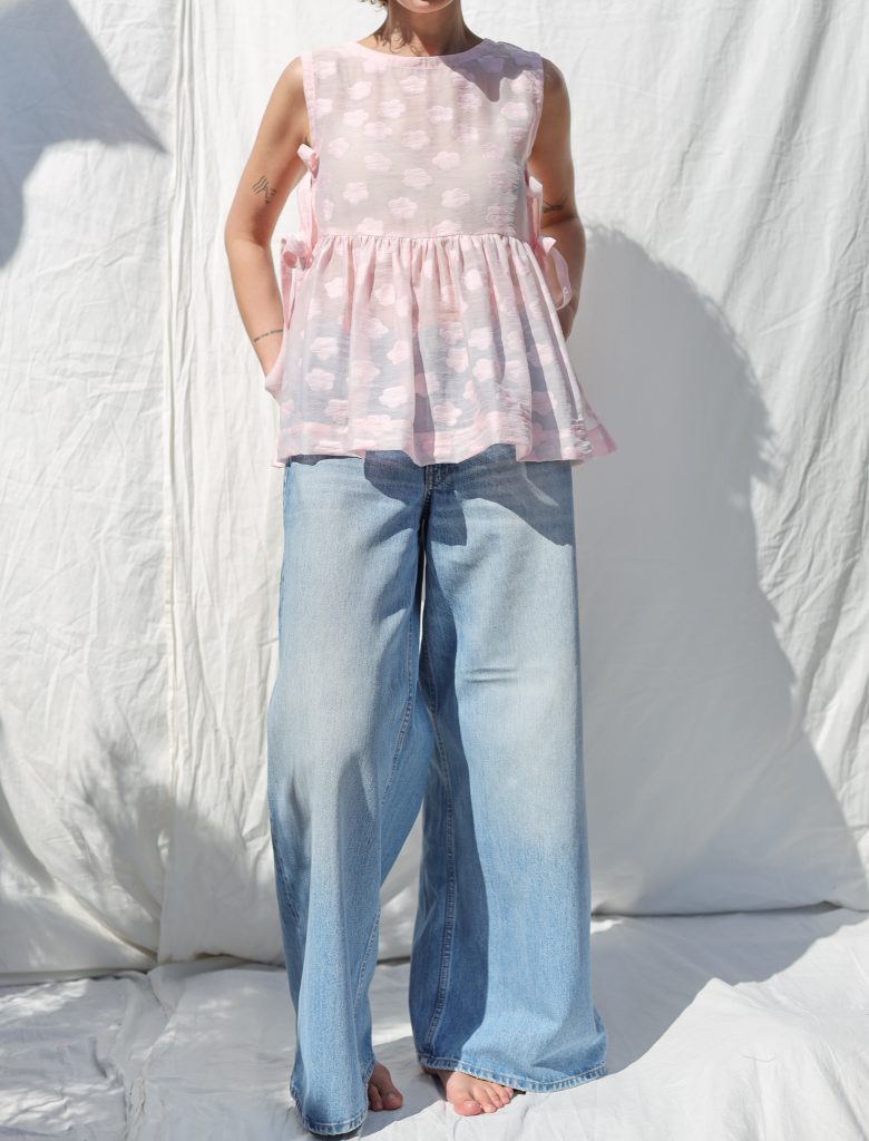 Pink Floral Organza Top with Ribbon Ties