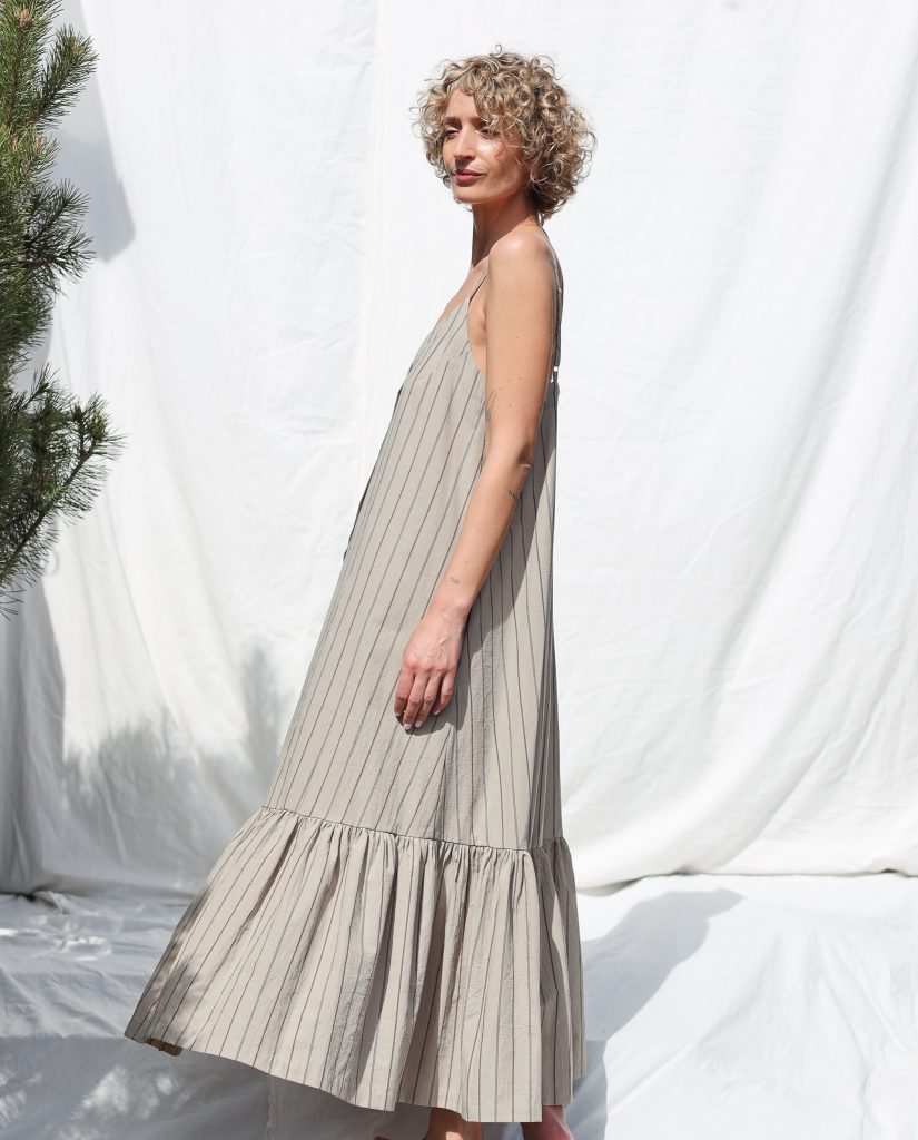 Sleeveless Maxi Striped Organic Cotton Dress with Ruffled Hem