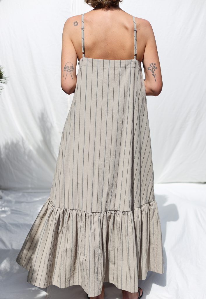 Sleeveless Maxi Striped Organic Cotton Dress with Ruffled Hem