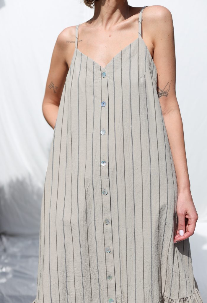 Sleeveless Maxi Striped Organic Cotton Dress with Ruffled Hem