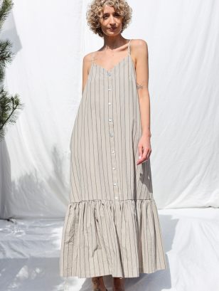 Sleeveless Maxi Striped Organic Cotton Dress with Ruffled Hem