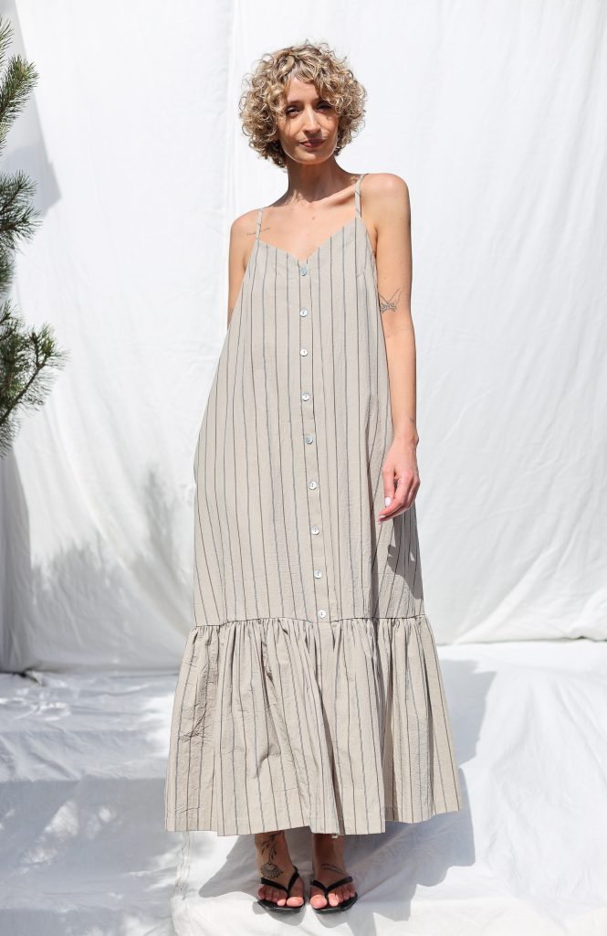 Sleeveless Maxi Striped Organic Cotton Dress with Ruffled Hem