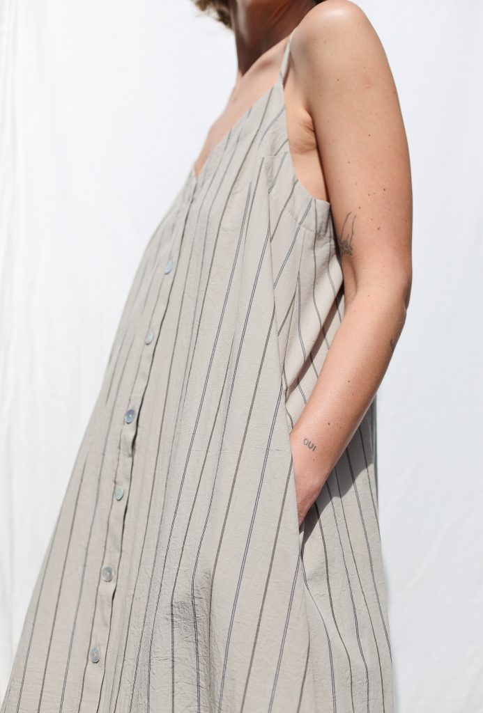 Sleeveless Maxi Striped Organic Cotton Dress with Ruffled Hem