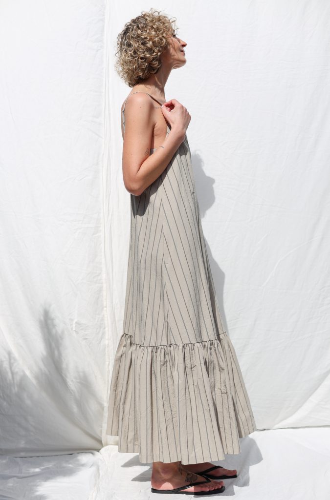 Sleeveless Maxi Striped Organic Cotton Dress with Ruffled Hem