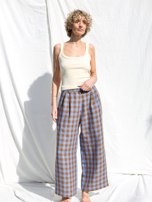 Checkered Linen Wide Leg Cropped Pants | Trousers | Sustainable clothing | OffOn clothing