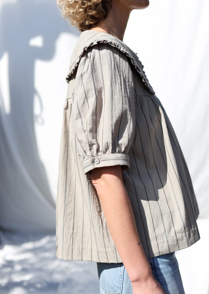 Puritan Collar Short Sleeve Blouse OLIVIA in Striped Organic Cotton